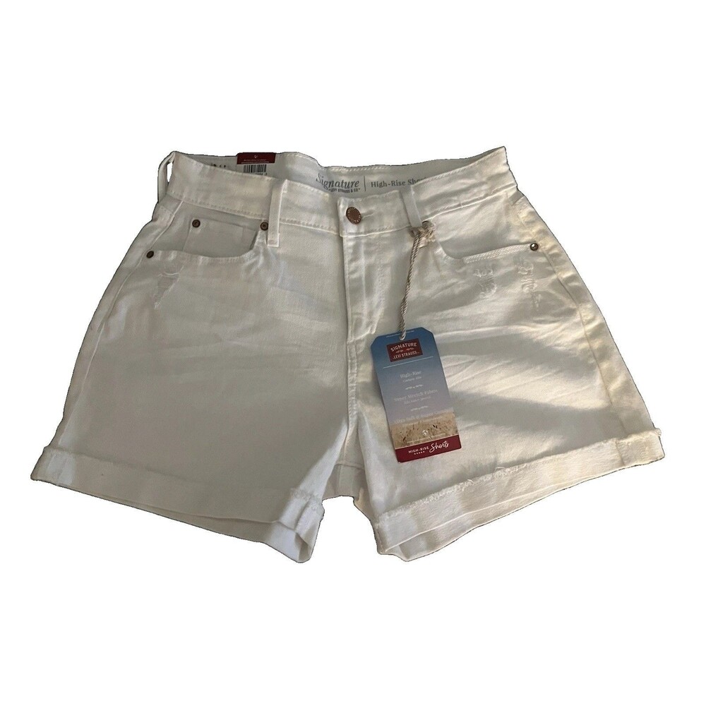 Levi Strauss Signature White Cuffed Distressed High Rise Shorts Women Sz 2 NWT